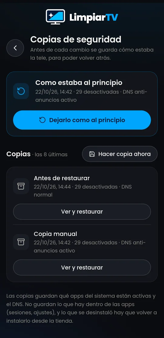 Copias de seguridad con la opción de volver a como estaba al principio