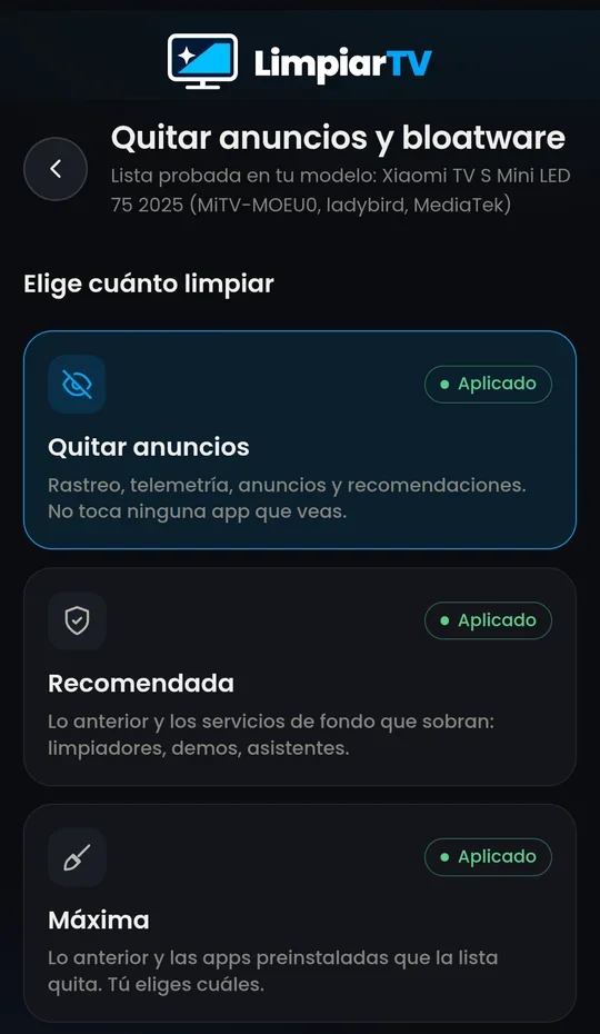 Limpieza en tres niveles con la lista probada para el modelo