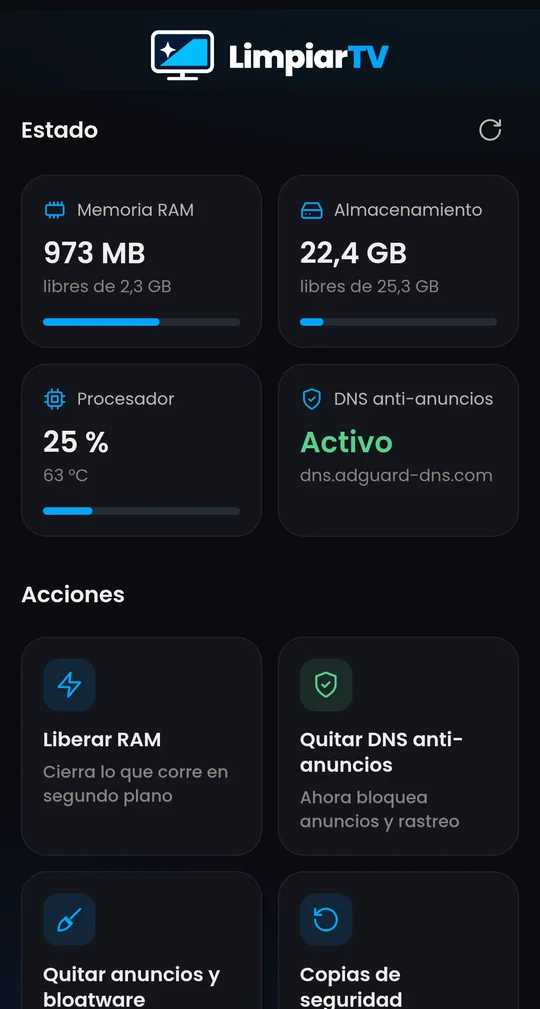 Resumen: memoria, almacenamiento, procesador, DNS y acciones