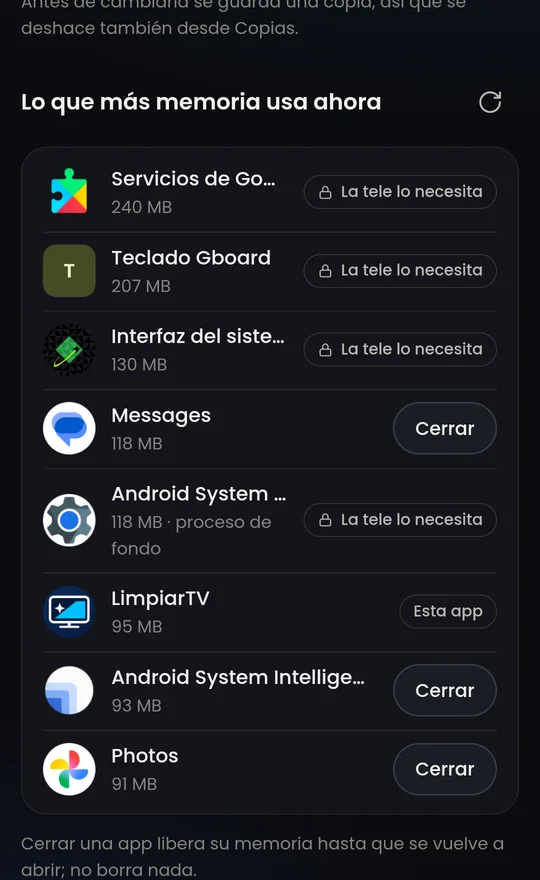 Optimizar: lo que más memoria usa ahora, con un botón para cerrar cada app