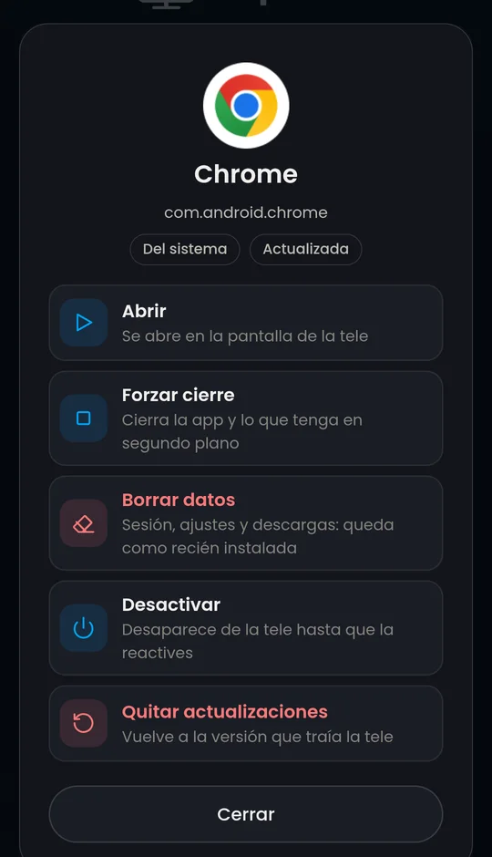 Ficha de una app con abrir, forzar cierre, borrar datos, desactivar y quitar actualizaciones