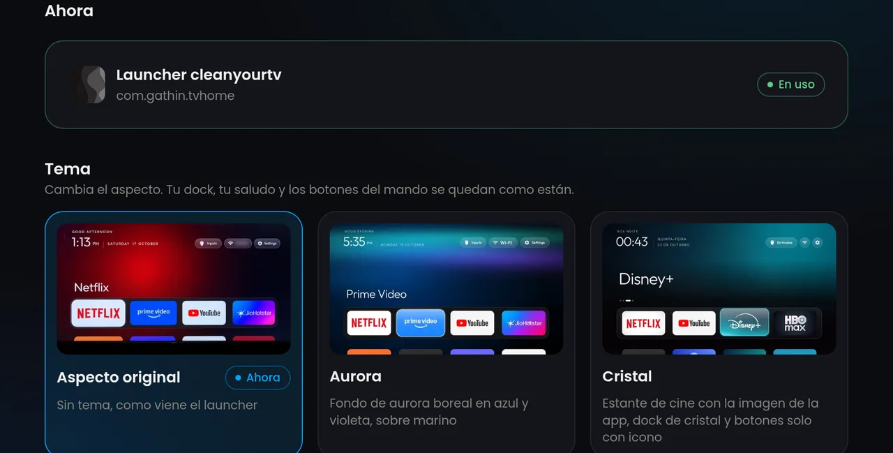 Temas de la pantalla de inicio: aspecto original, Aurora y Cristal