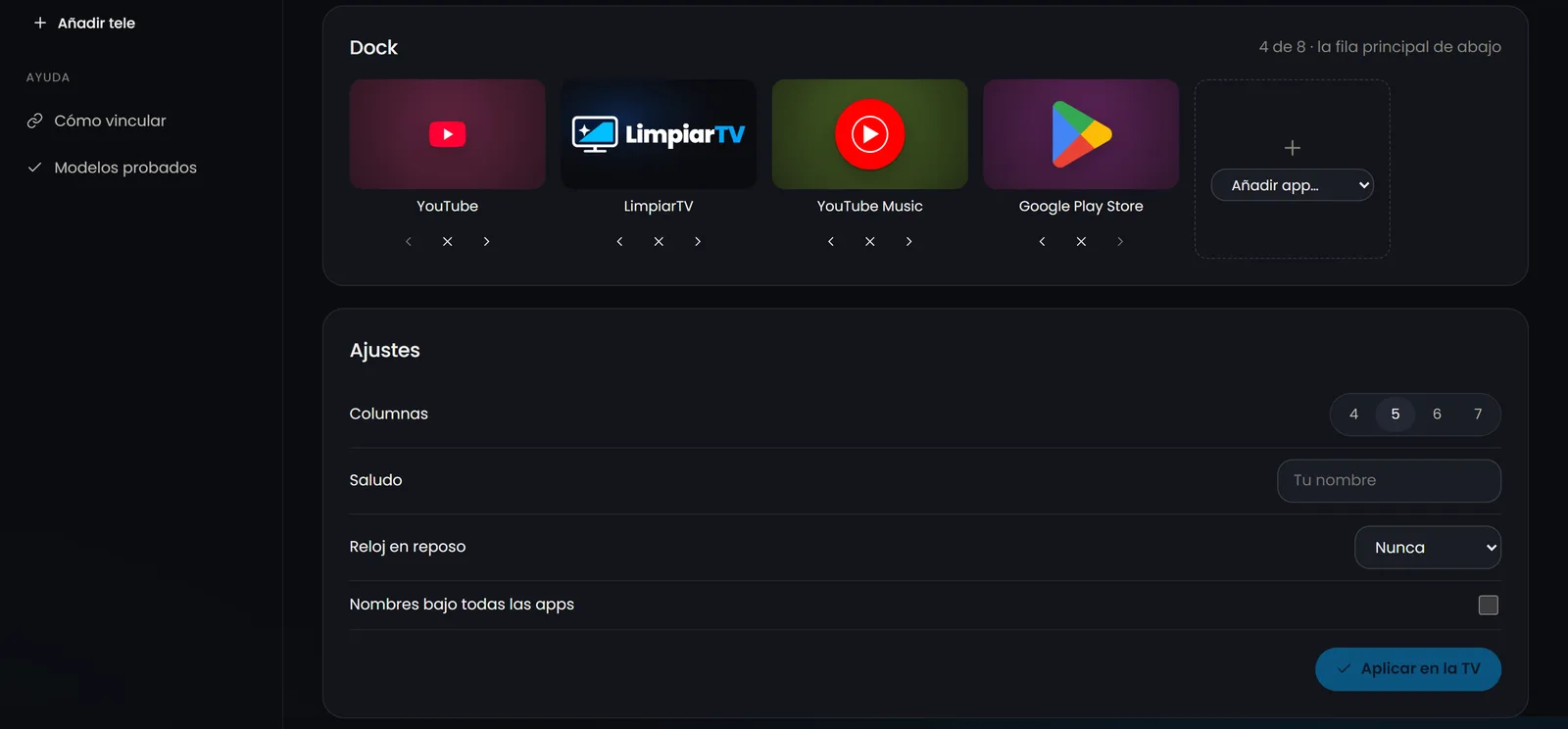 El dock de la tele con flechas para ordenar las apps, y los ajustes de columnas, saludo y reloj