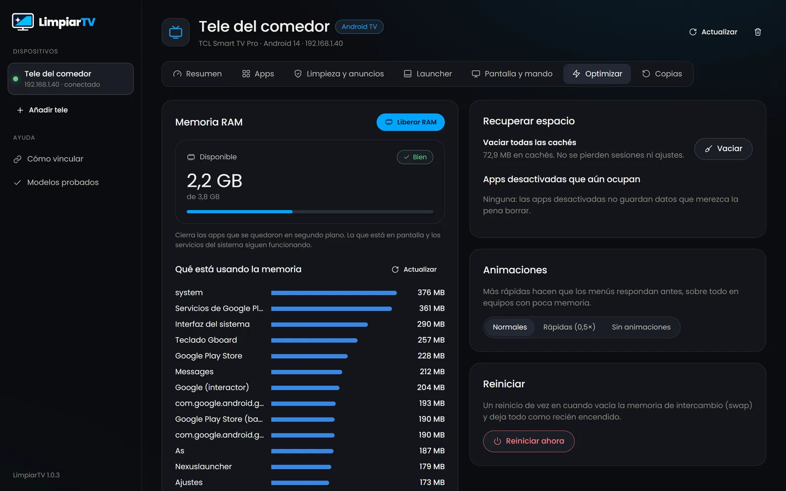 Optimizar: memoria RAM, qué la está usando, vaciar cachés y apps desactivadas que aún ocupan