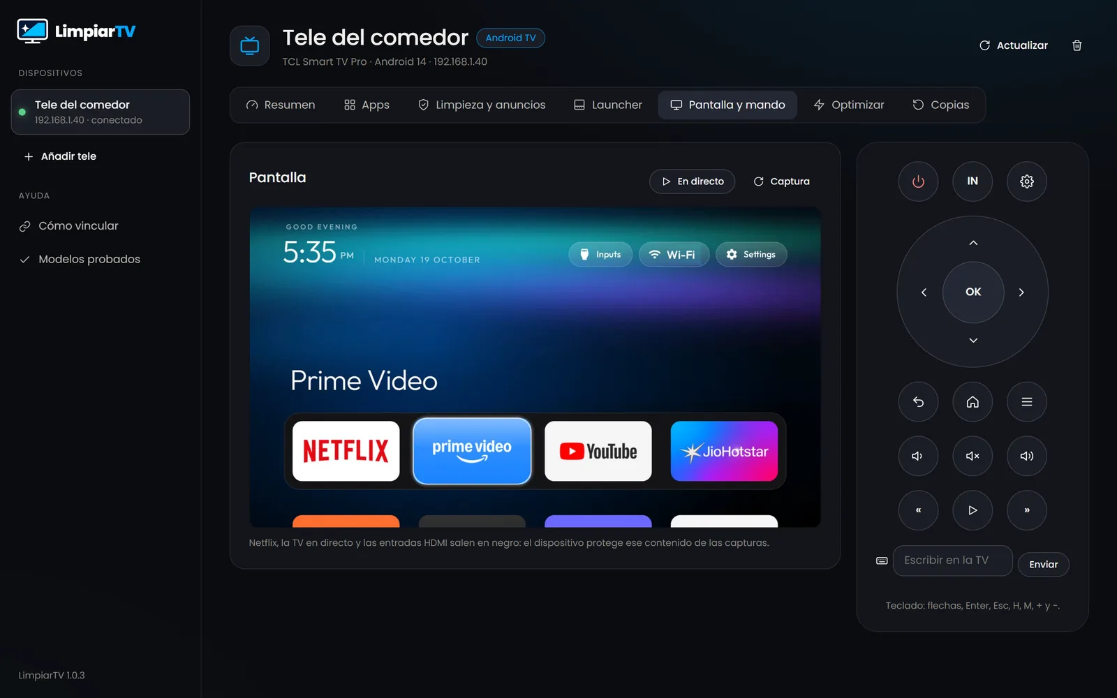 Pantalla y mando: la pantalla de la tele en directo y un mando completo